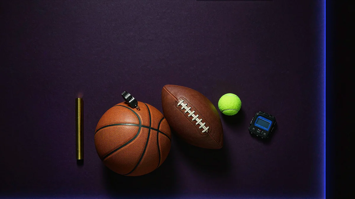 Basketball, oval ball, tennis ball and sports accessories